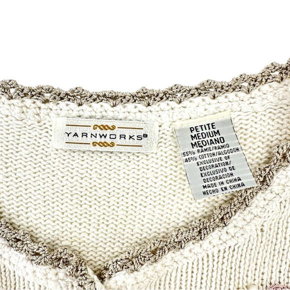 Vintage Yarnworks White Pink Embroidered Pearl Button Cotton Knit Cardigan sz M - Picture 5 of 7